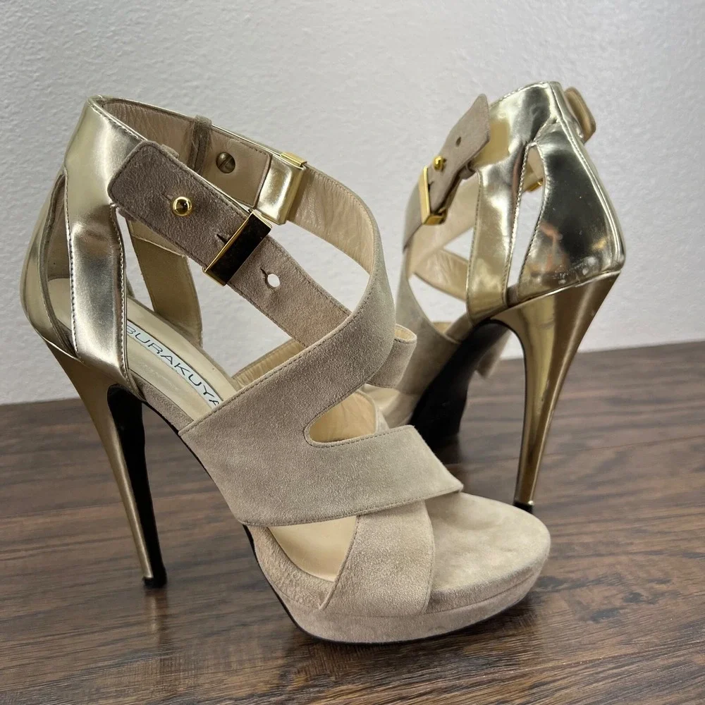 Burak Uyan Burakuyan Womens 37 US 7 Beige Gold Suede Leather Platform Heels